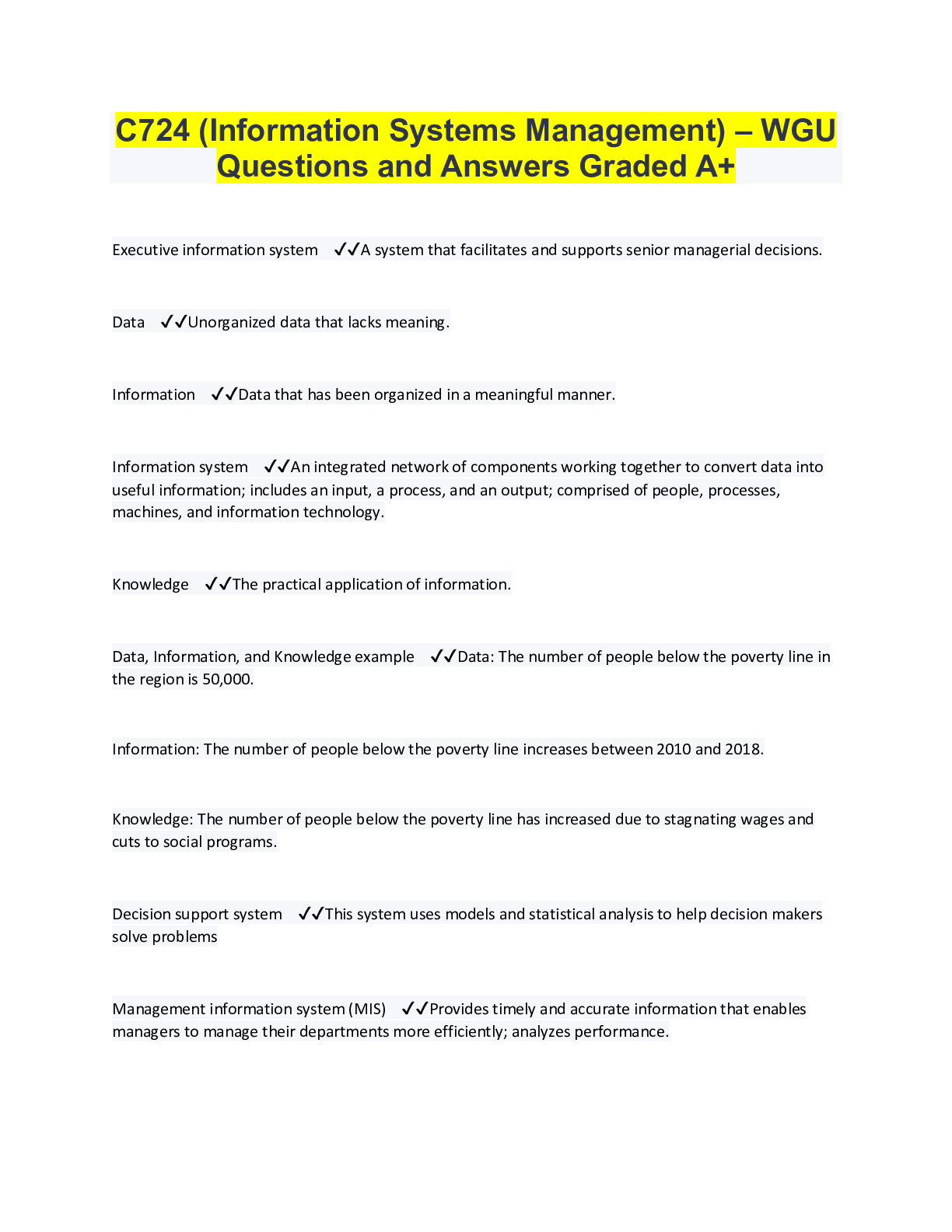 Preview image for C724 (Information Systems Management) – WGU Questions and Answers Graded A+